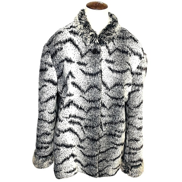 SAGA Lady Fleece Jacket Ombre Black White Novelty Print Cozy Button Down Coat L - Picture 1 of 15